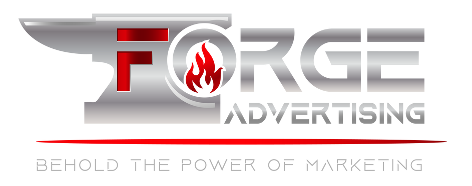 The logo for forge advertising shows a flame and says behold the power of marketing.