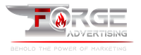 The logo for forge advertising shows a flame and says behold the power of marketing.