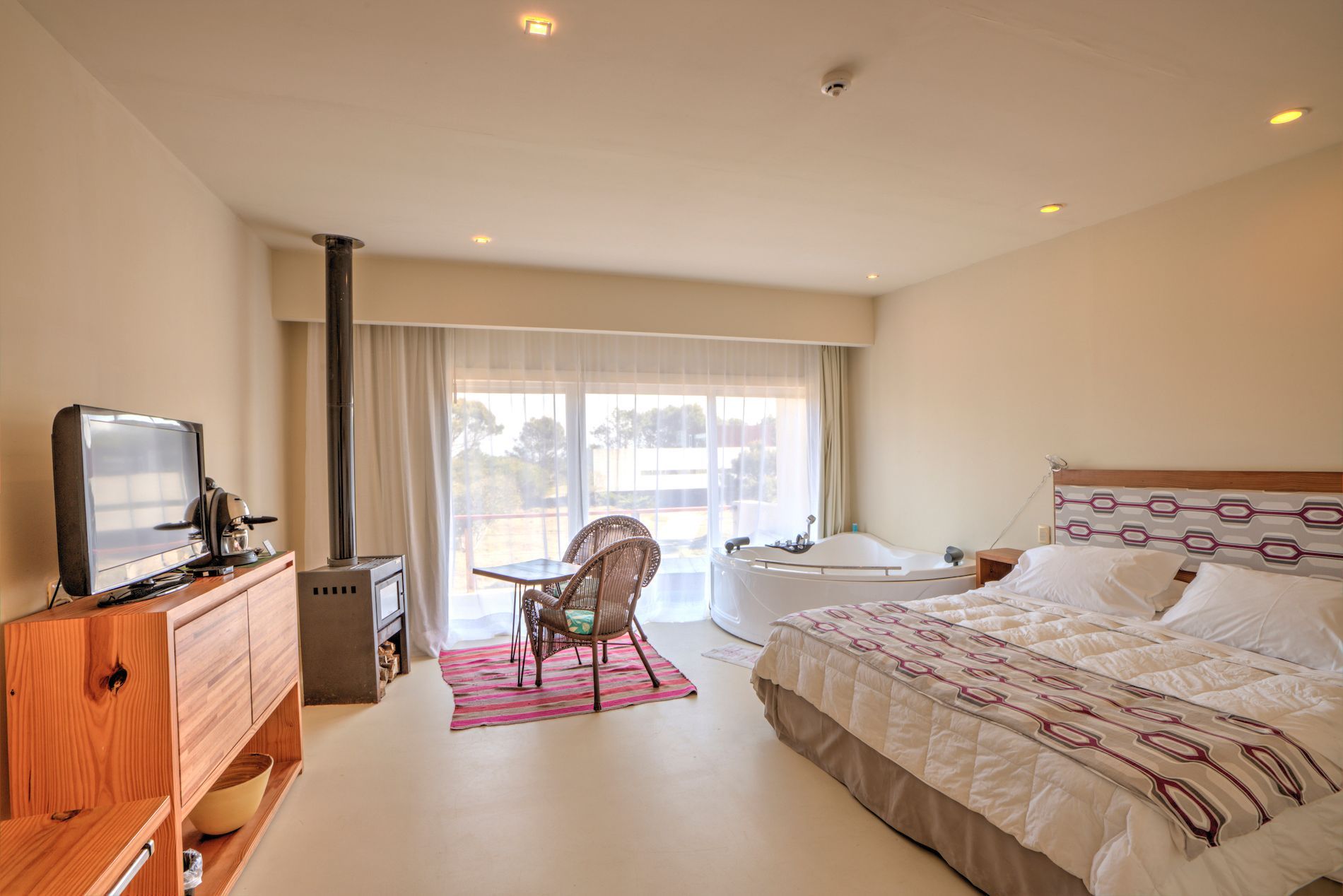 Una habitación de hotel con una cama tamaño king, televisión y bañera de hidromasaje.