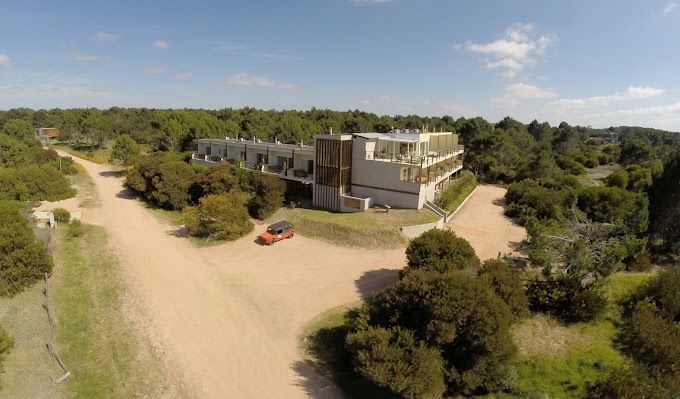 Una vista aérea de una casa rodeada de árboles y un camino de tierra.