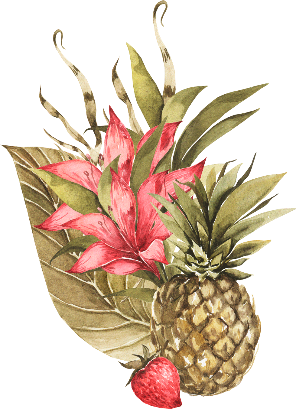 Una piña y una fresa están rodeadas de hojas y flores.