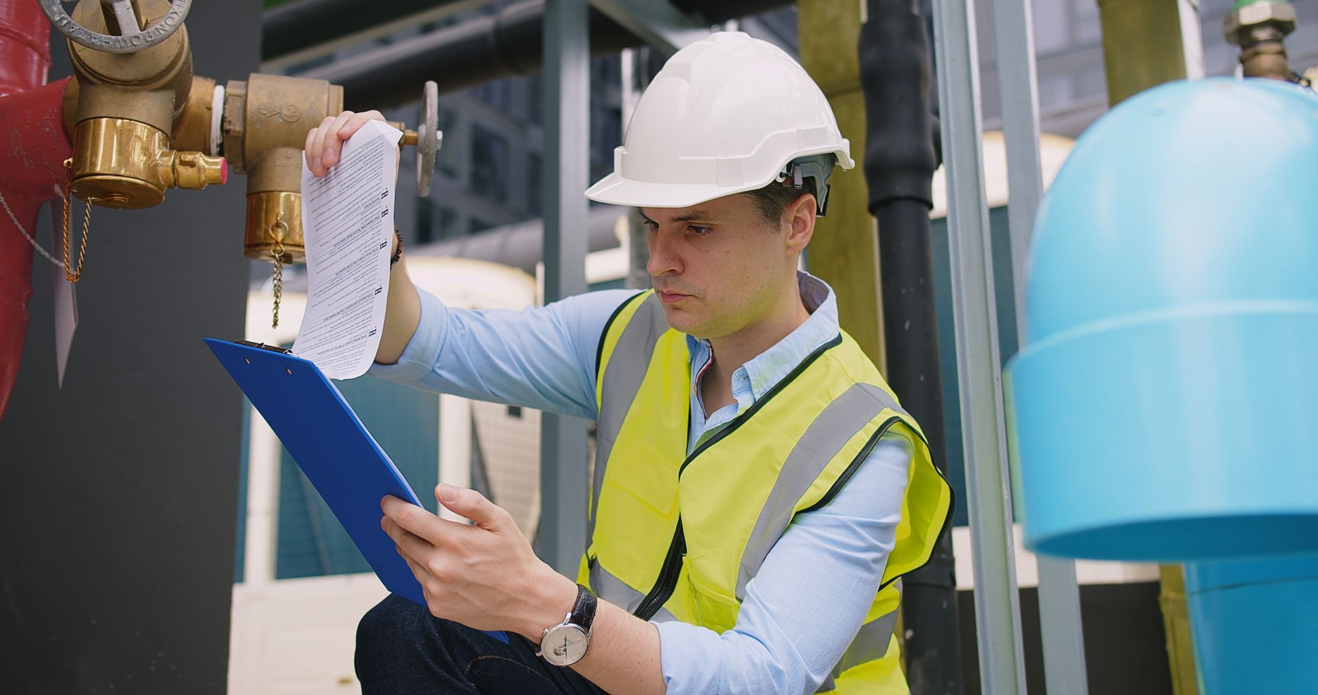 A man in a hard hat is sitting on the ground looking at a clipboard.