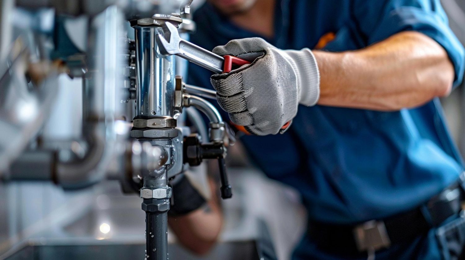 A man is fixing a pipe with a wrench.