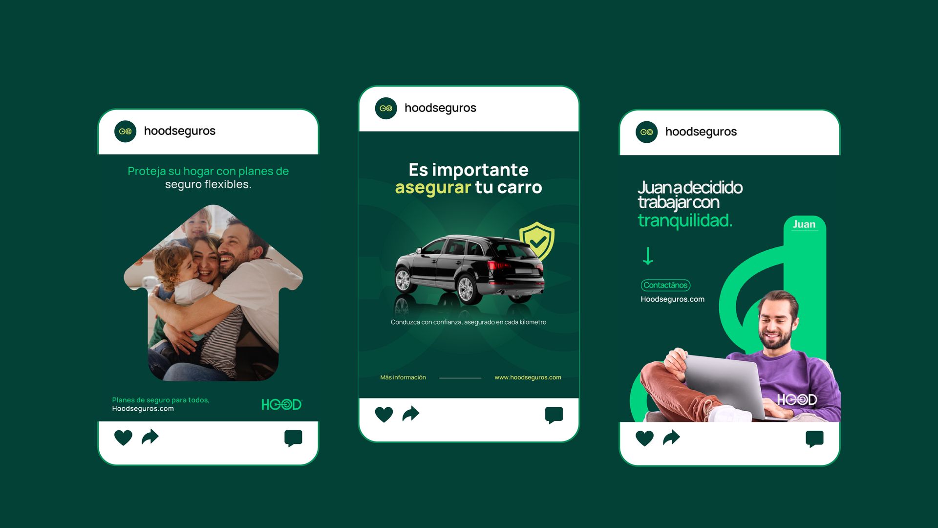 Un grupo de publicaciones en redes sociales para una compañía de seguros de automóviles.