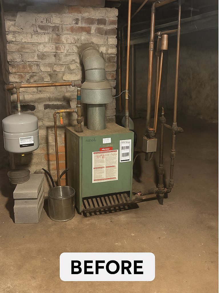 Heating system with white pipes, beige boxes, and black pipes in a utility room.