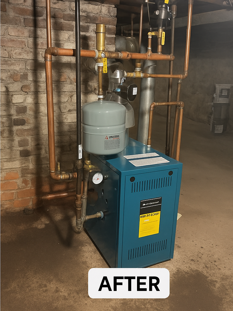 Plumbing system with copper pipes, a water heater, and a boiler in a utility room.