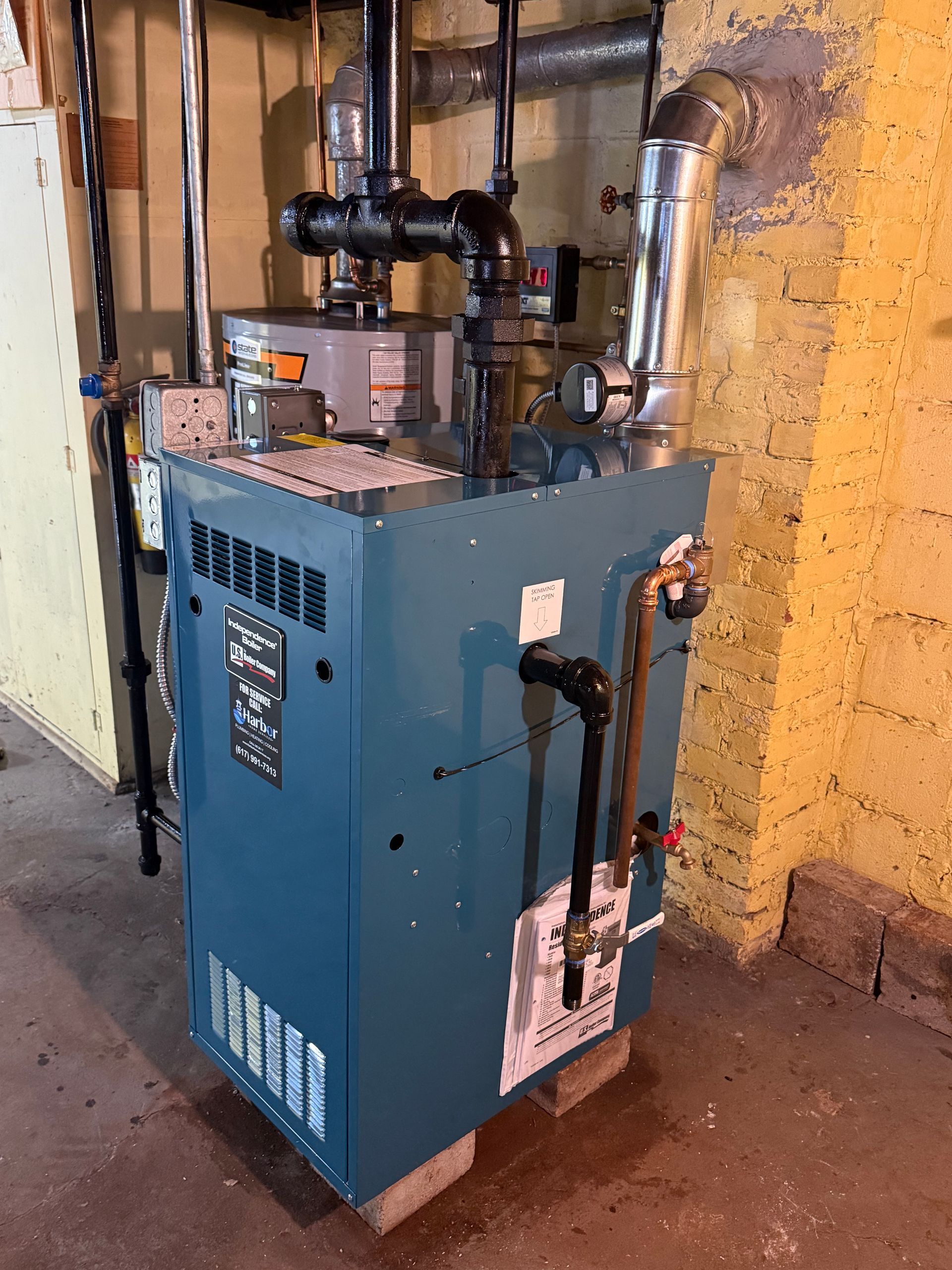 Blue residential furnace in a basement setting, with pipes and flue.