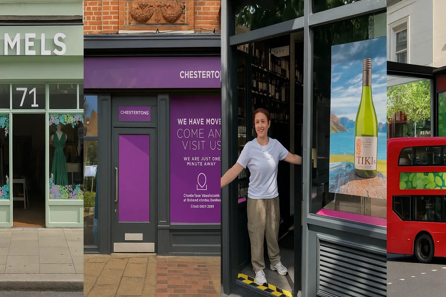 A woman is standing in a doorway in front of a store, with other signage examples
