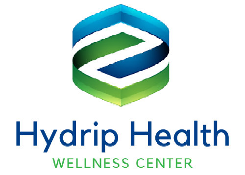 The logo for hydro health wellness center is blue and green.