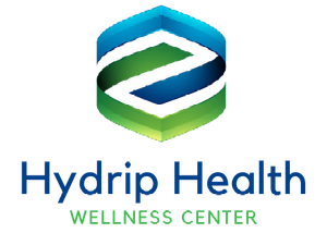 The logo for hydro health wellness center is blue and green.