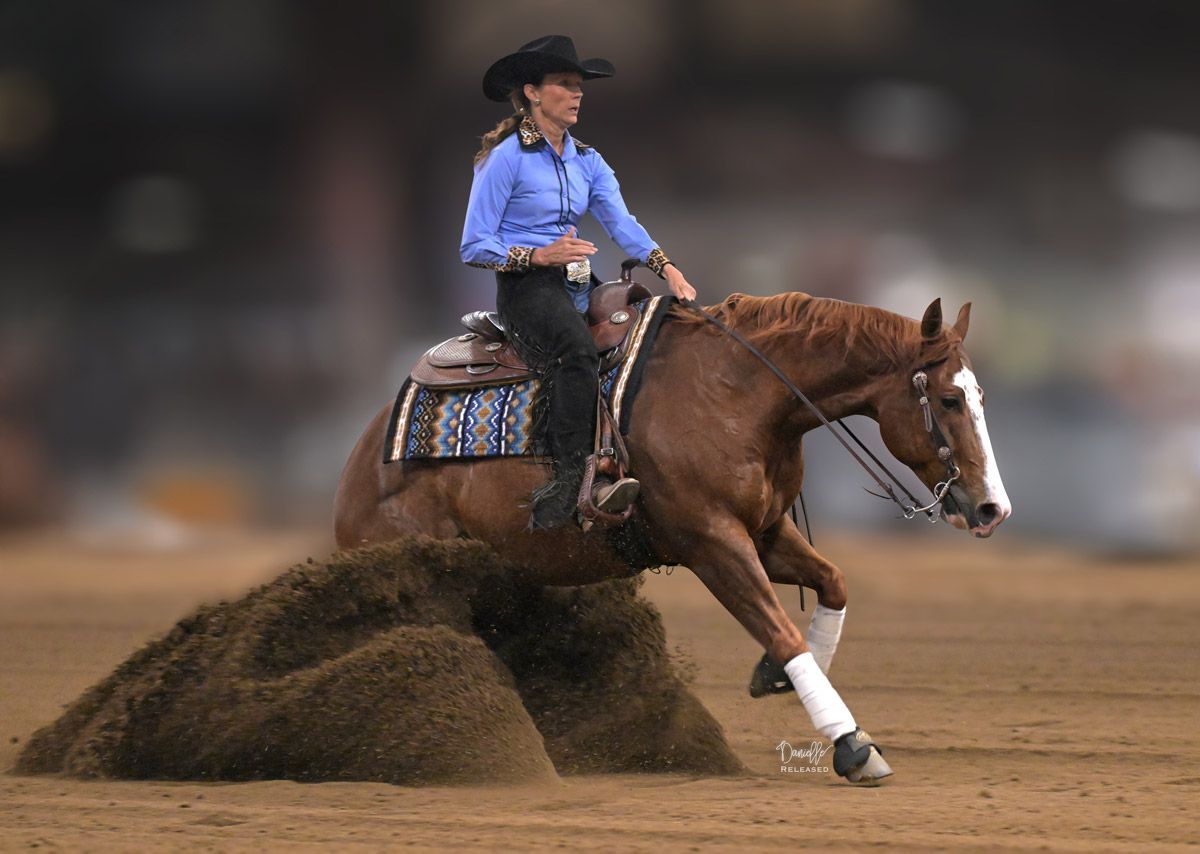 A rider in a blue shirt and cowboy hat on a brown horse performing a sliding stop in a dirt arena.