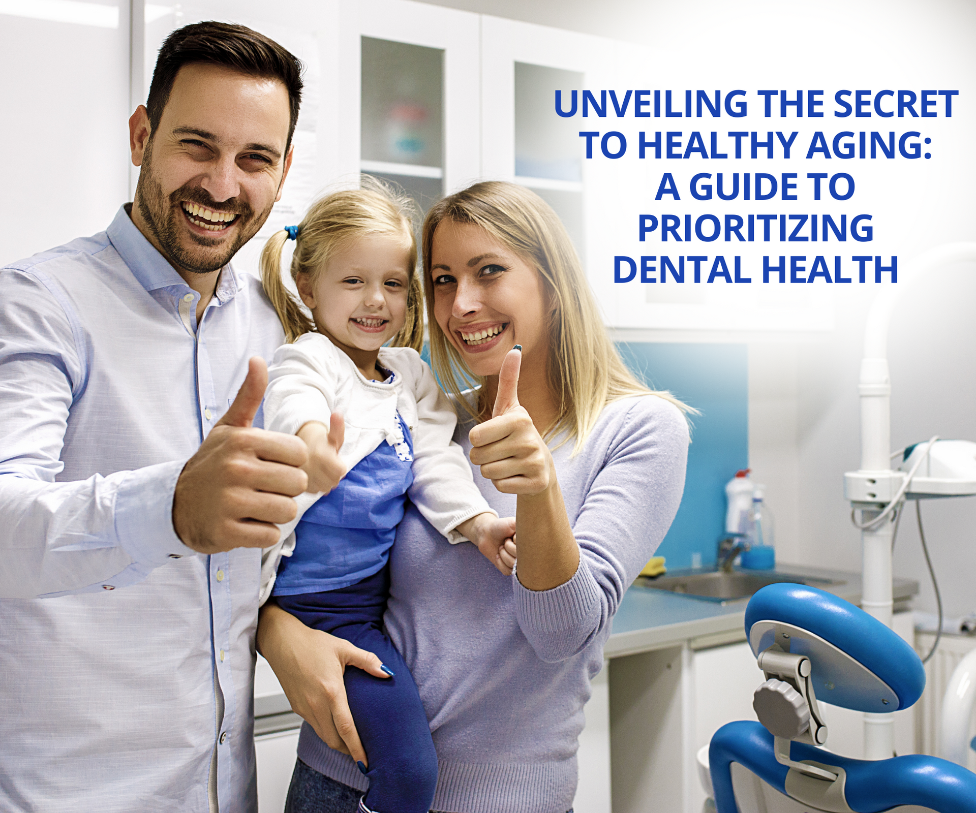 A family is giving a thumbs up in a dental office.