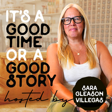 A woman sitting on a couch with the words it 's a good time or a good story behind her