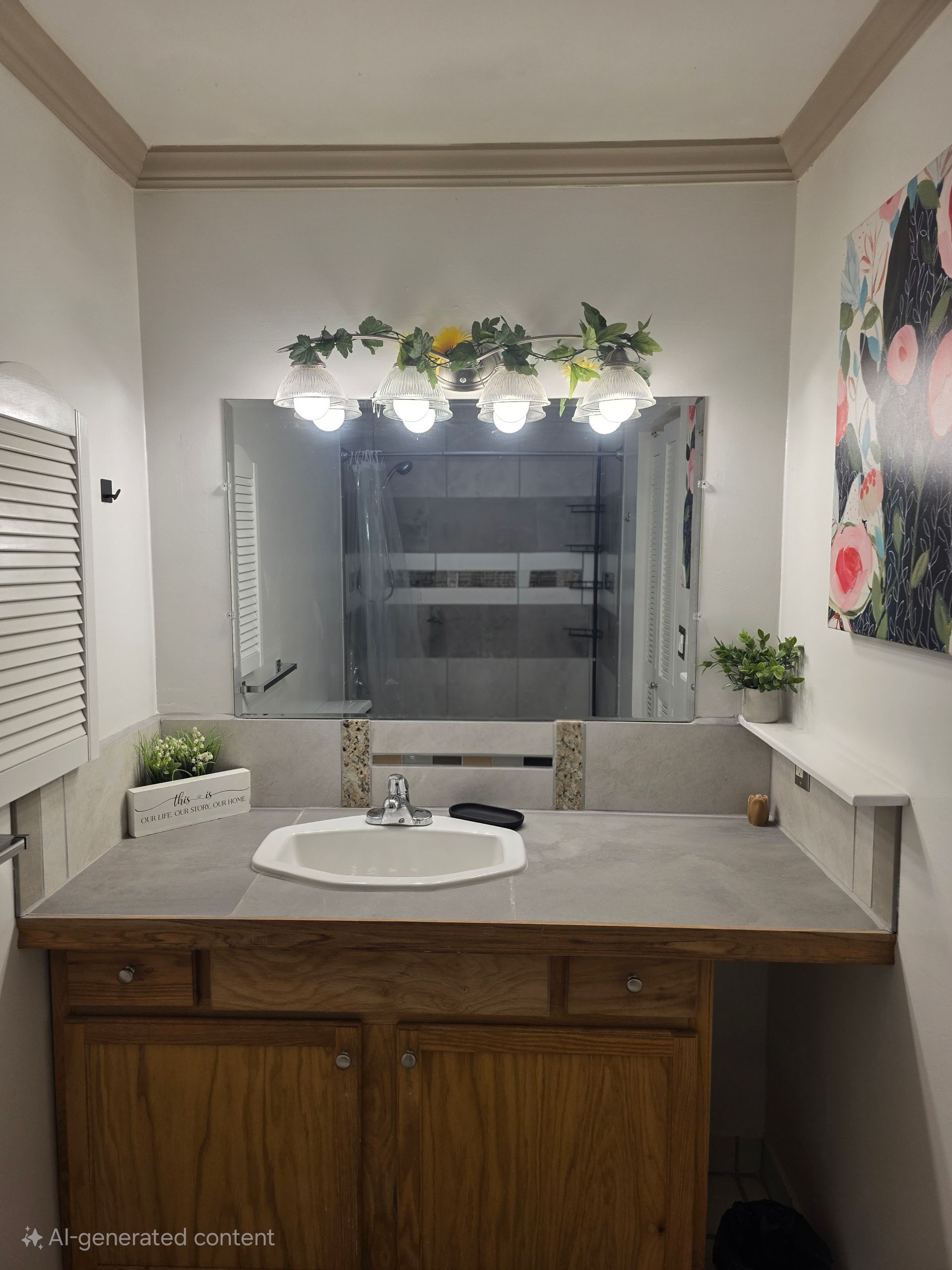 A bathroom with a sink and a mirror.