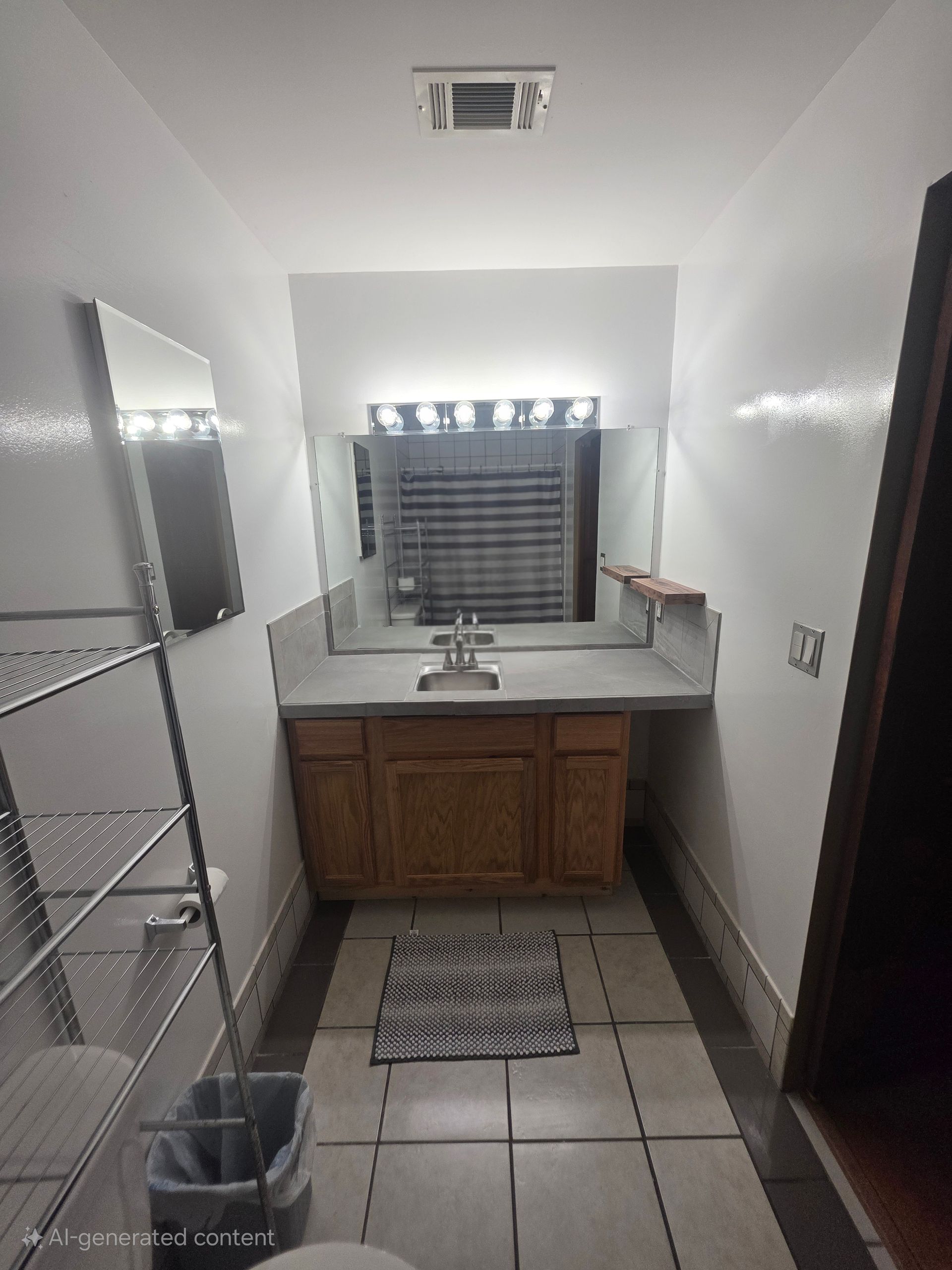 Narrow bathroom with sink, mirror, and cabinet. Shelving unit on left. Door on the right. Black and white rug.