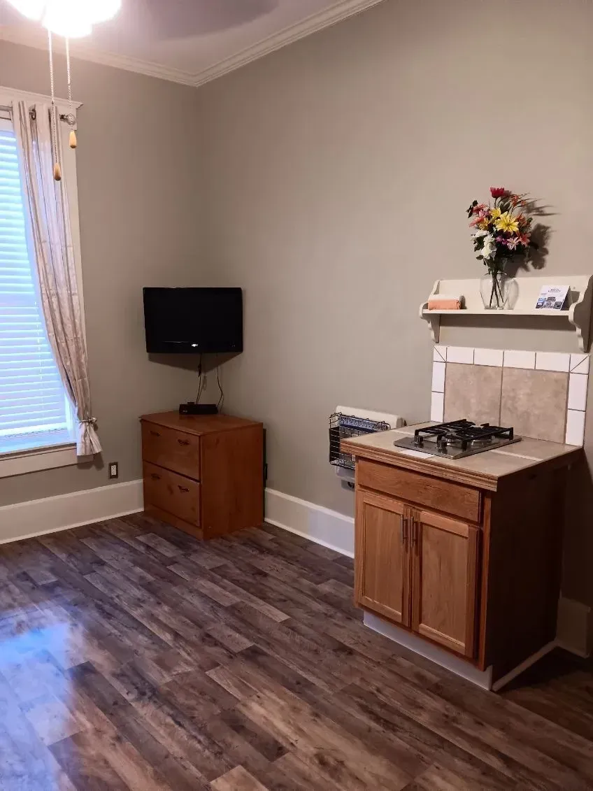 A living room with hardwood floors , a stove and a television.