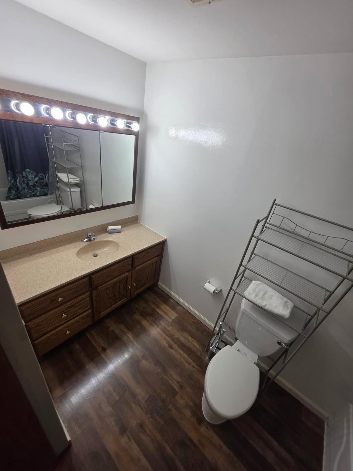 Bathroom with brown cabinets, sink, toilet, wood-look flooring, and a shelf unit.