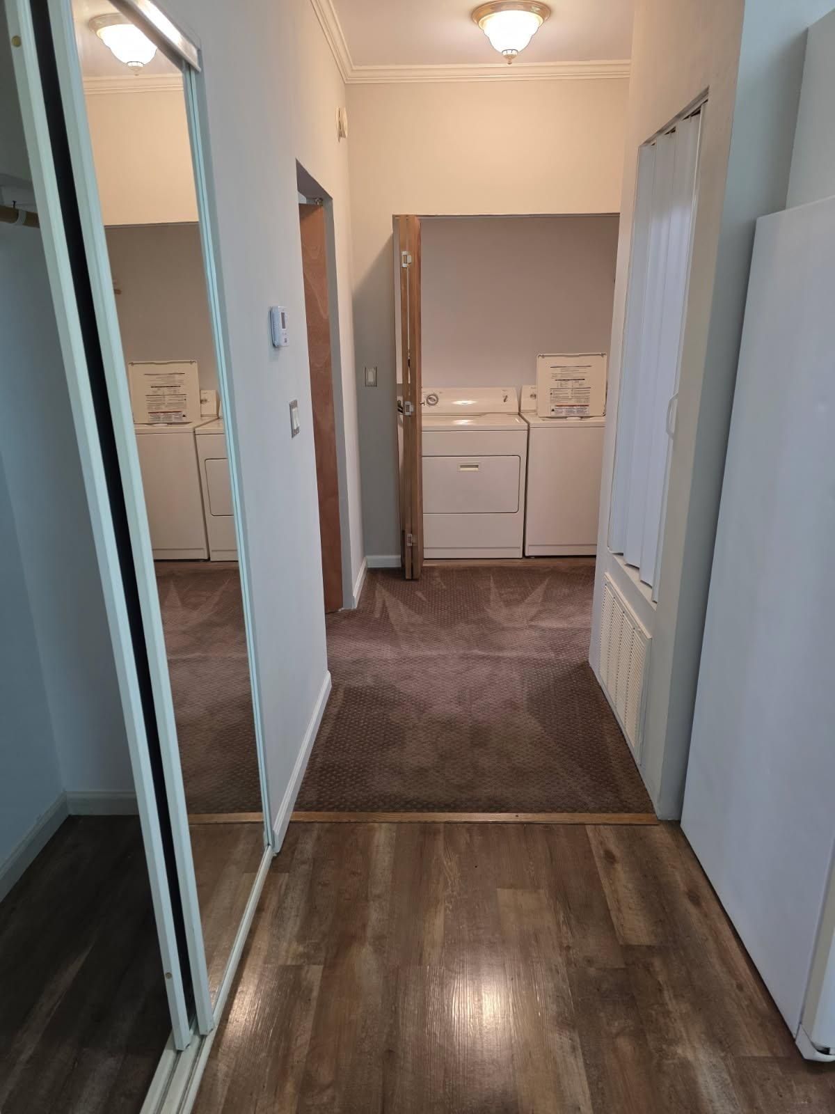 Hallway with brown carpet, hardwood floor. A large mirror reflects washer and dryer.
