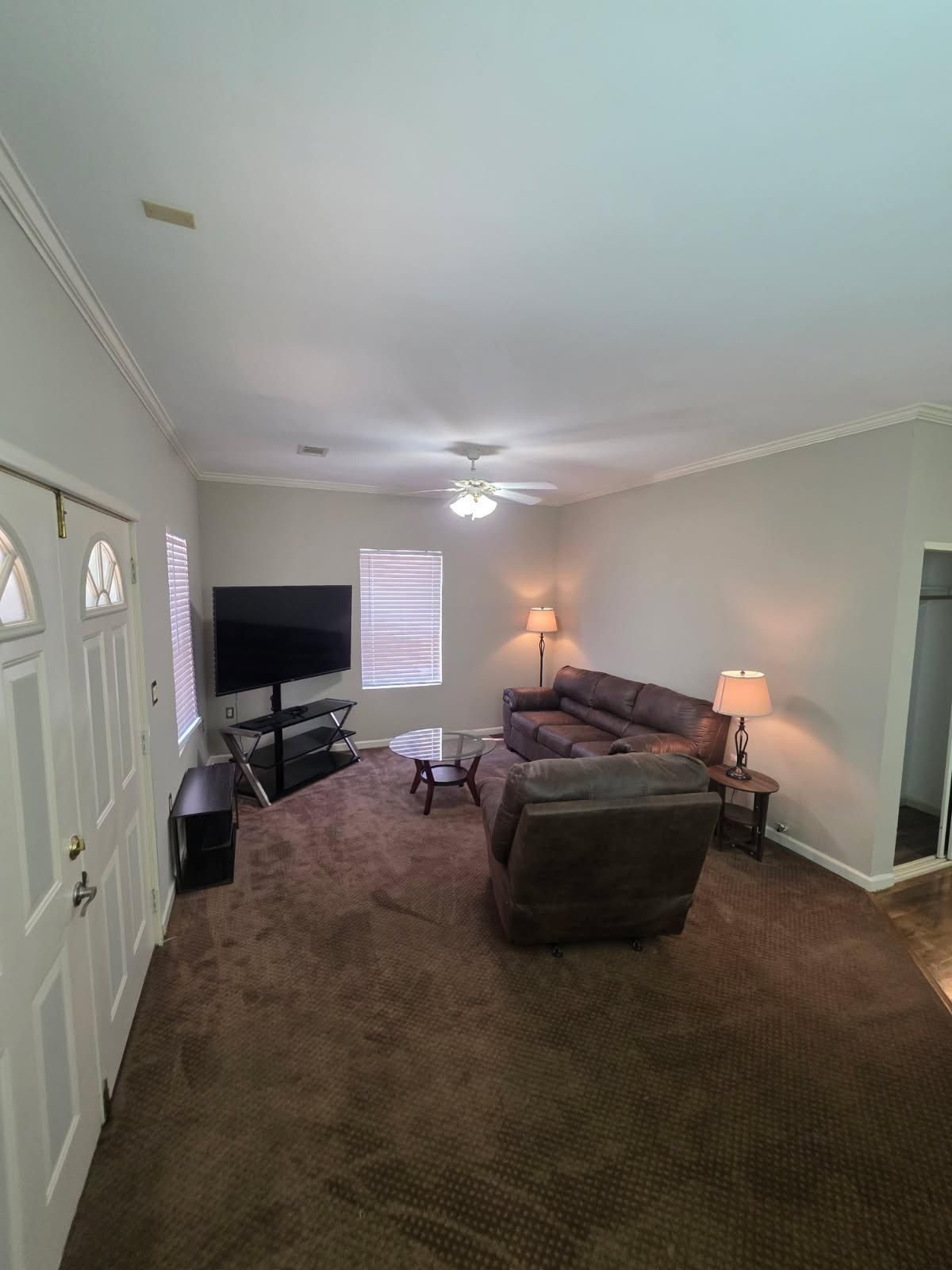 Living room with brown carpet, couch, TV, and lamps.