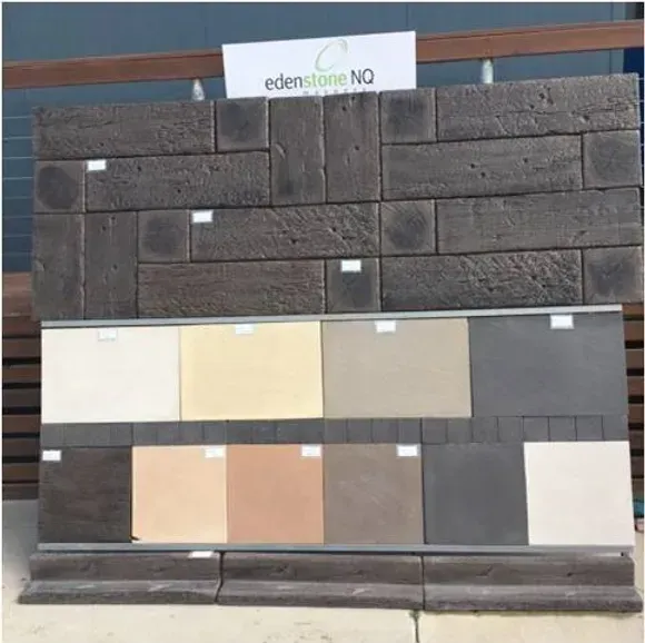 A Display of Different Colored Tiles With a Sign — Blue River Landscape Supplies in Foulden, QLD
