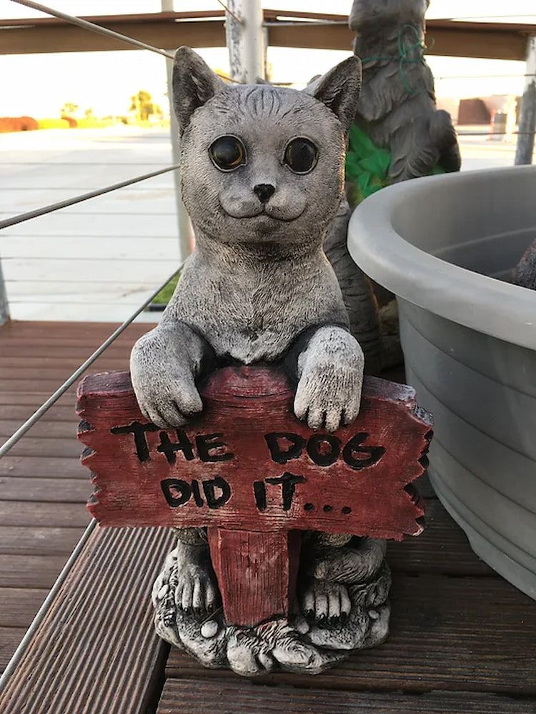 A Statue of a Cat Holding a Sign That Says the Dog Did It — Blue River Landscape Supplies in Foulden, QLD