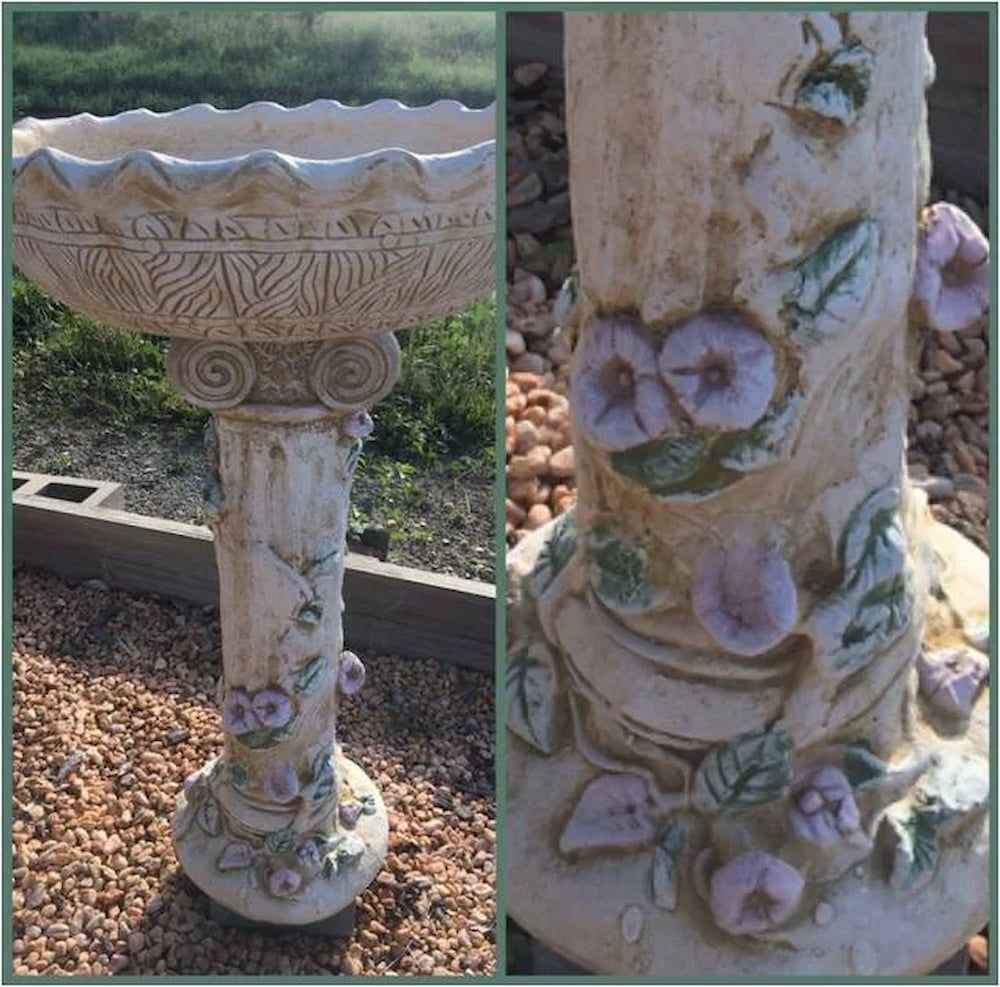A Bird Bath With Purple Flowers and Leaves on It — Blue River Landscape Supplies in Foulden, QLD