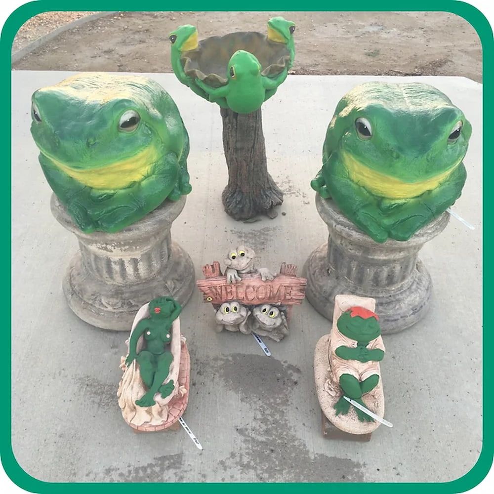 Frog Statues and a Sign That Says Welcome — Blue River Landscape Supplies in Foulden, QLD