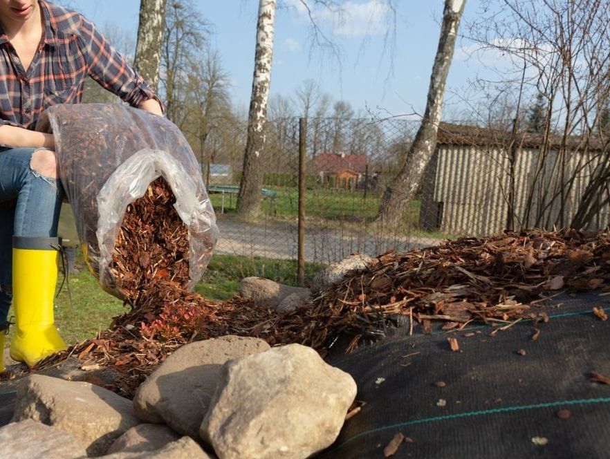 A Woman is Pouring a Bag of Mulch Into a Pile of Rocks — Blue River Landscape Supplies in Foulden, QLD
