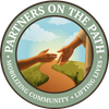Circular logo with hands meeting over a path and the text “Partners on the Path” and “Mobilizing Community · Lifting Lives”