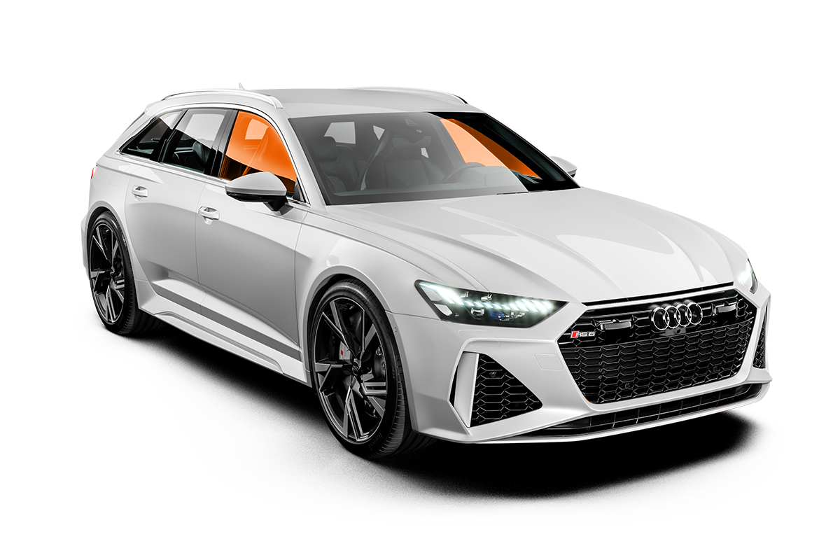 White Audi RS6 Avant wagon, black wheels, orange tinted windows.