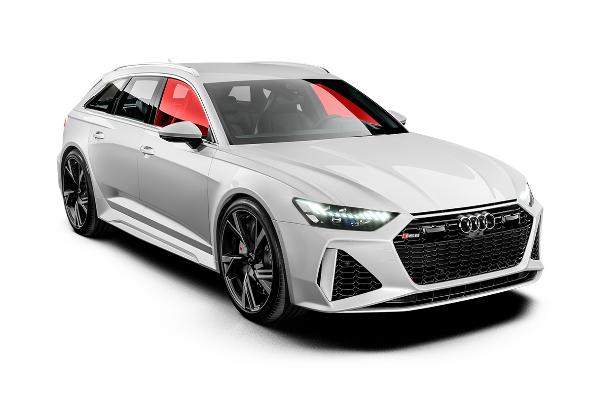 White Audi RS 6 Avant with red-tinted windows, parked on a white background.