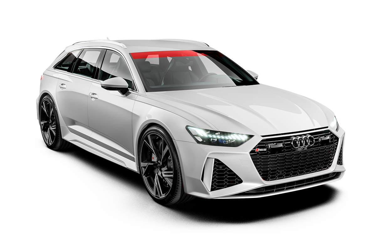 White Audi RS 6 Avant station wagon with black wheels, red stripe on the windshield, isolated on white.