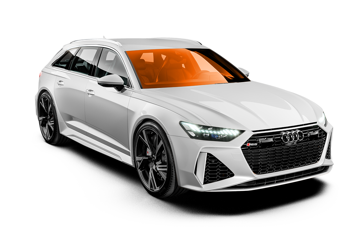 White Audi RS6 Avant station wagon with orange tinted windows.