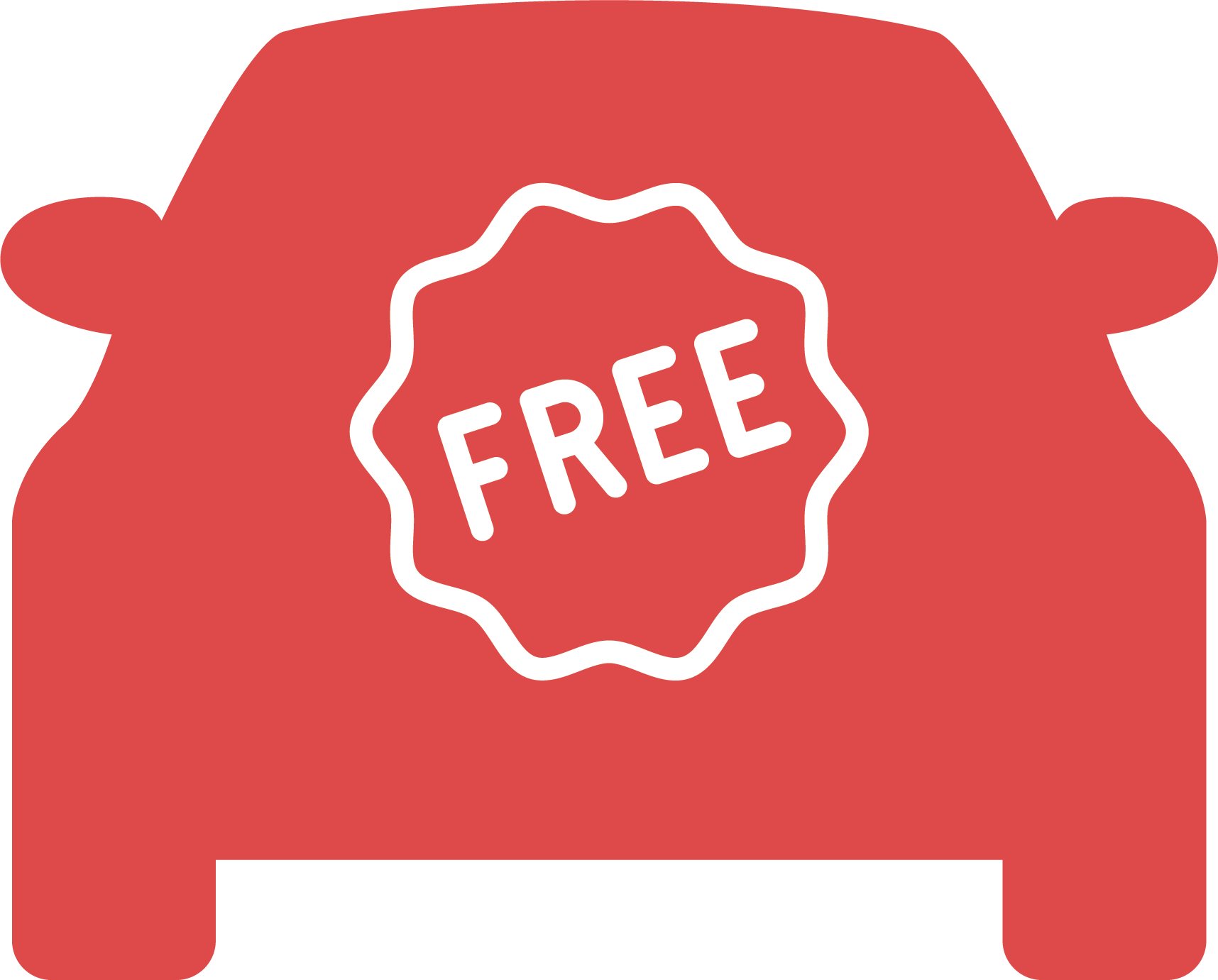 A red car with a free sticker on it.