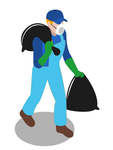 A man wearing a mask and gloves is carrying a bag of trash. A man wearing a mask and gloves is carrying a bag of trash.