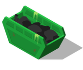 A green dumpster filled with black garbage on a white background. A green dumpster filled with black garbage on a white background.