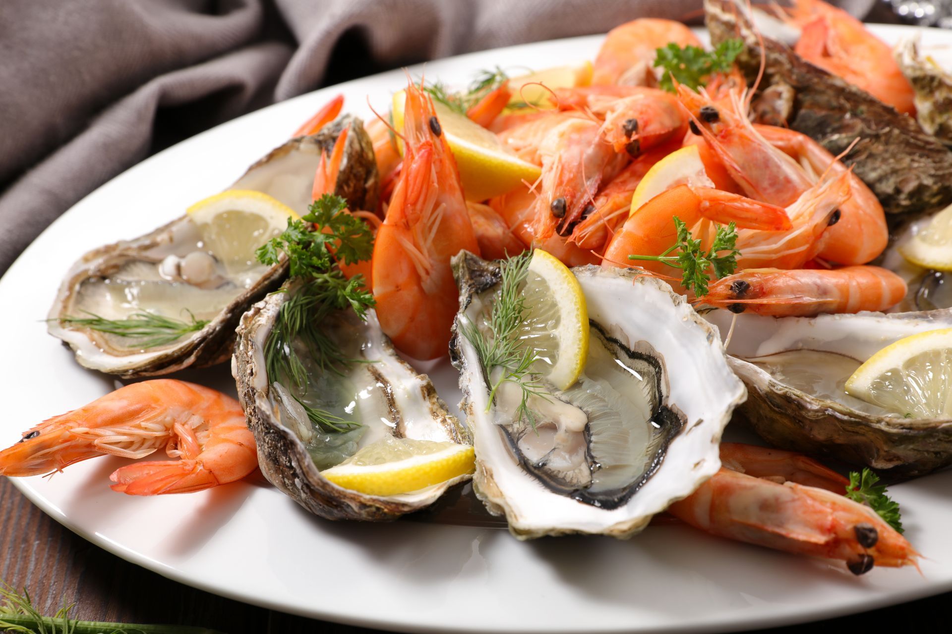 Shrimps, oysters, and clams.