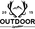 A black and white logo for outdoor expedition with antlers and a mountain in the background.