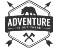 A black and white logo for adventure is out there with a bear , axes and arrows.