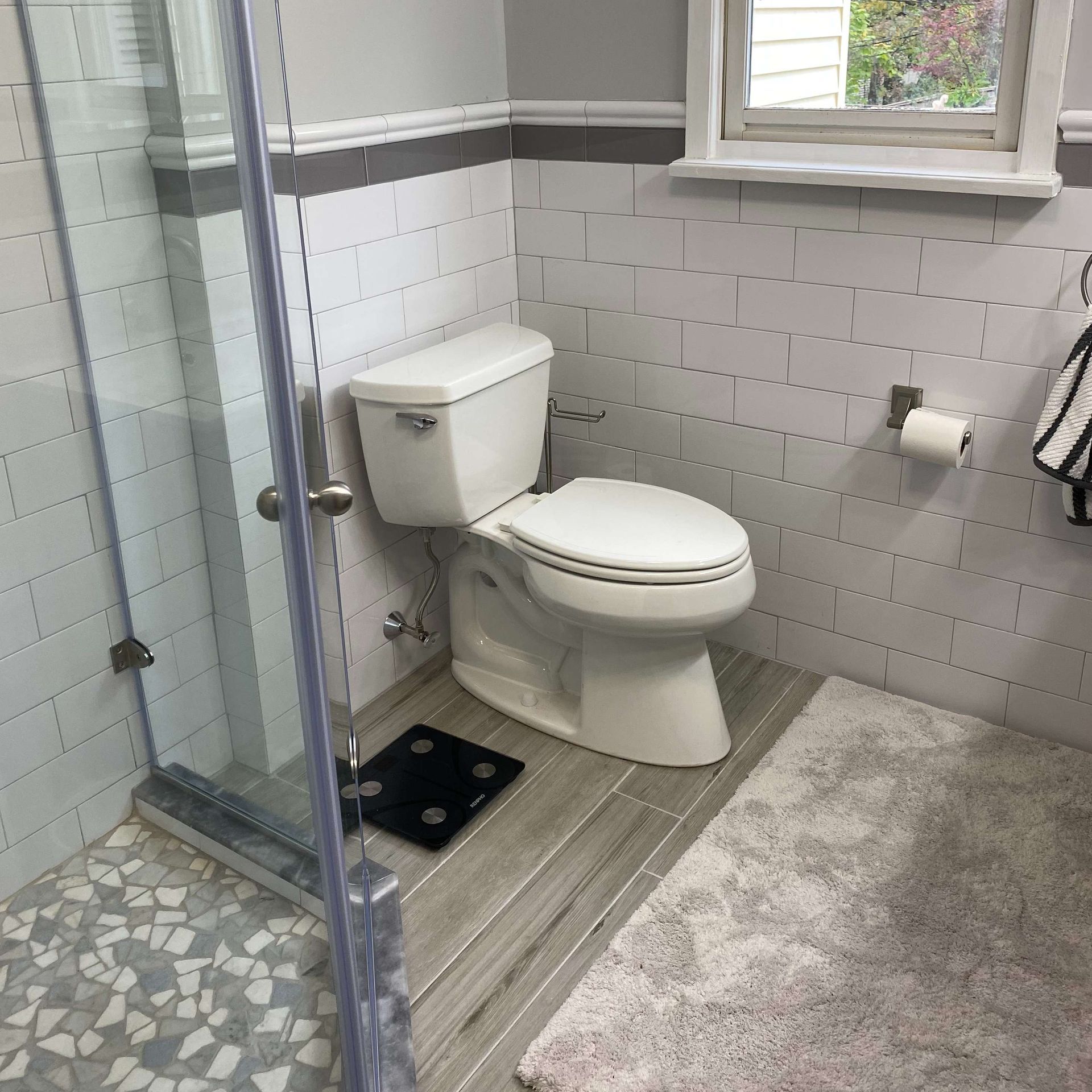 A bathroom with a toilet , shower , and scale