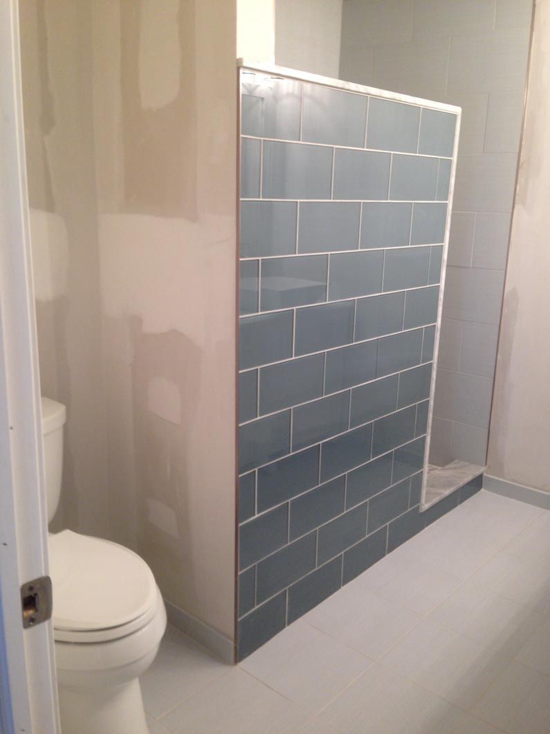 A bathroom with a toilet and a walk in shower