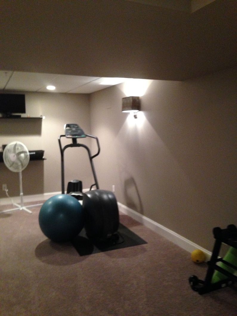 A gym with a treadmill and exercise balls