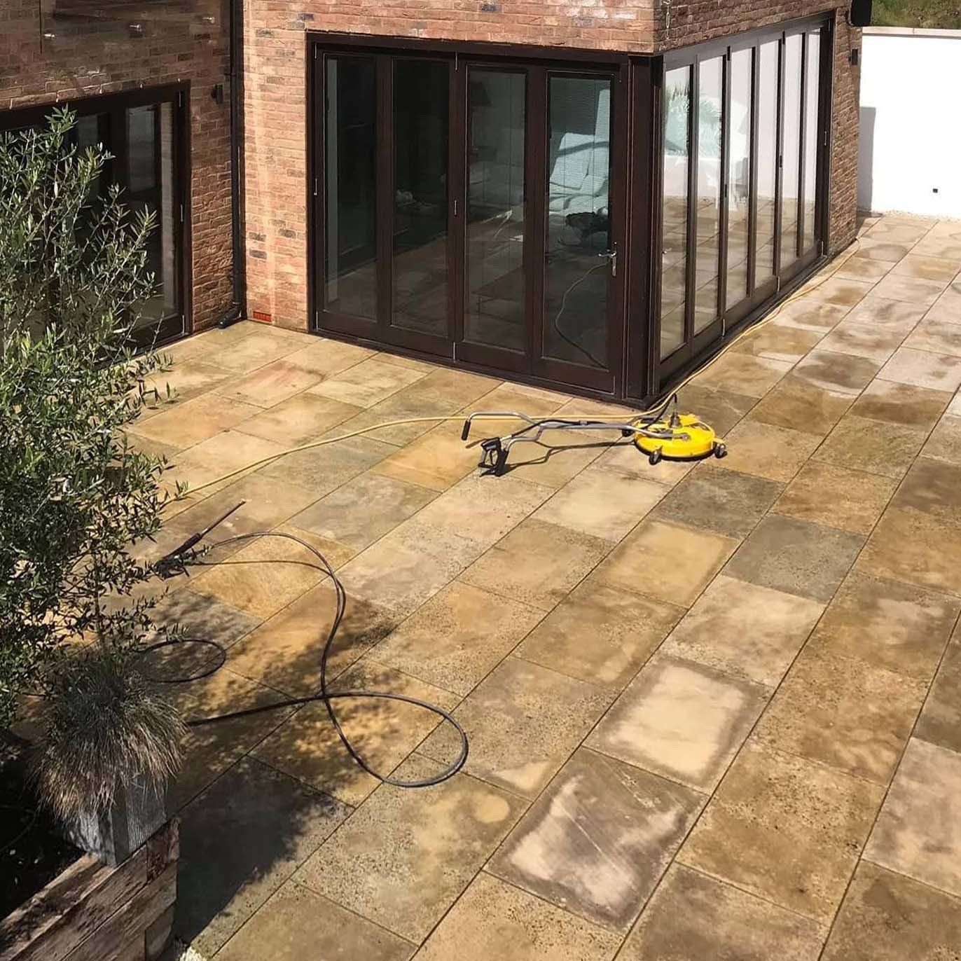 Natural sandstone patio clean using high pressure surface cleaner in Walderslade,Kent