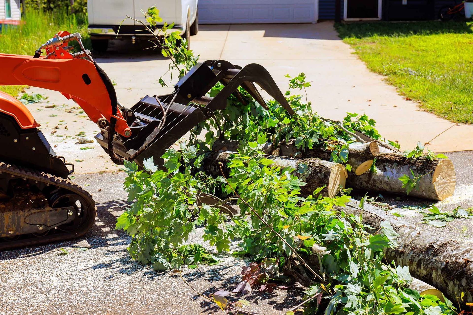 Orange excavator with grapple arm handling a tree trunk and branches on a driveway.
