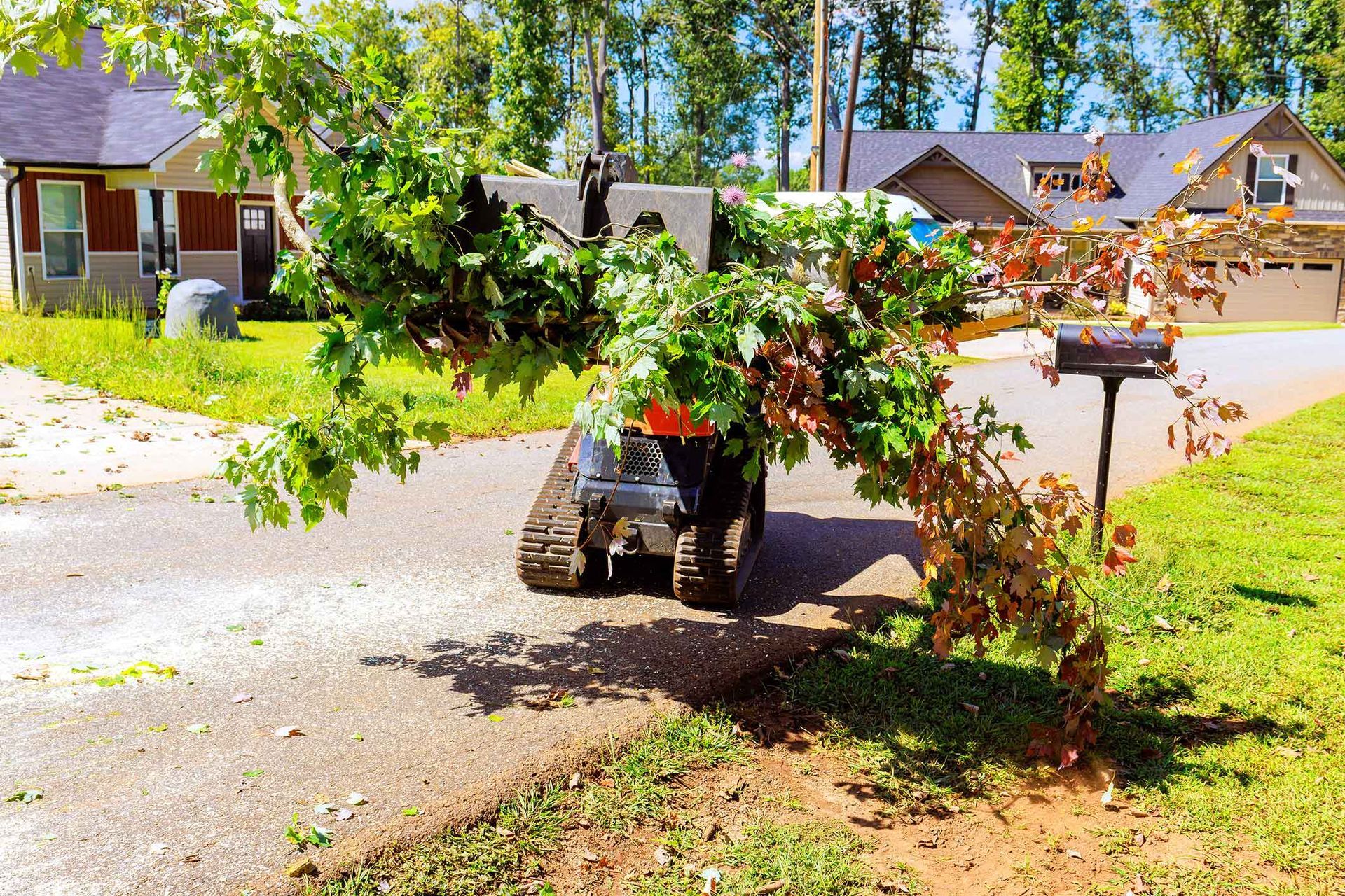 A small, tracked vehicle is carrying tree branches on a residential driveway.