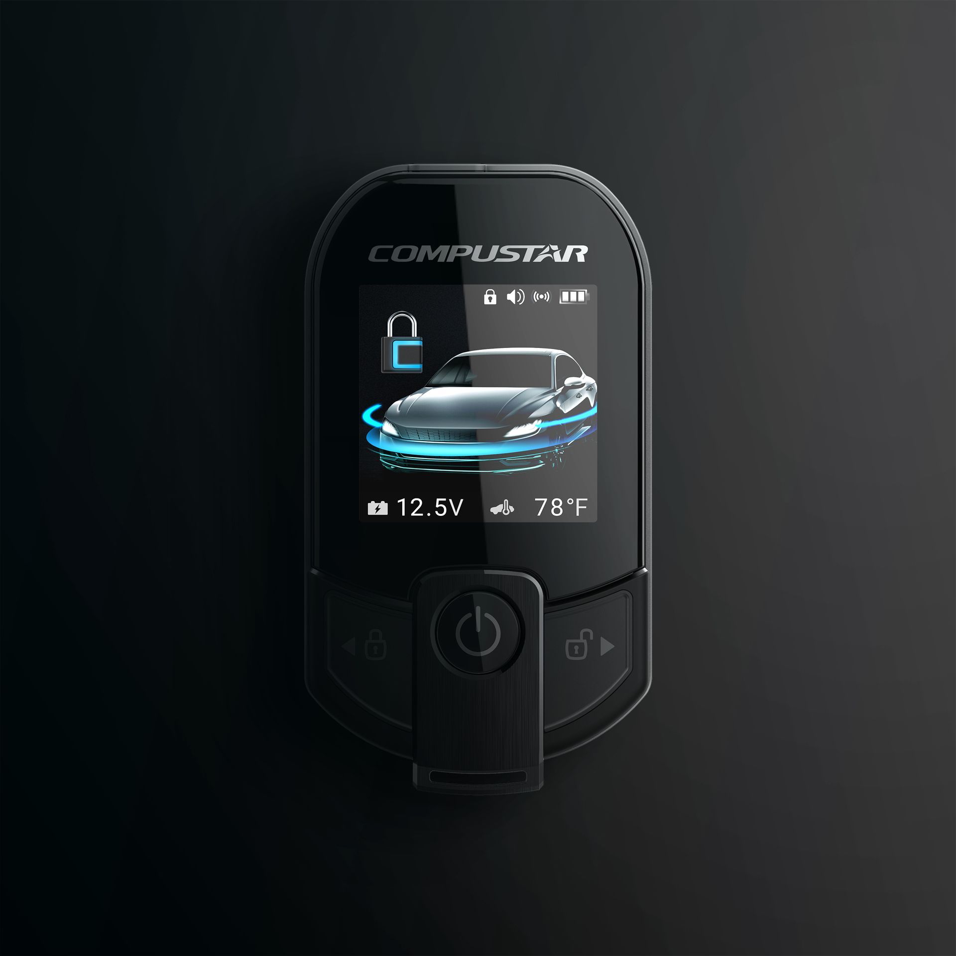 Compustar remote control with a car image on the screen, locked. Shows battery and temperature. Black background.