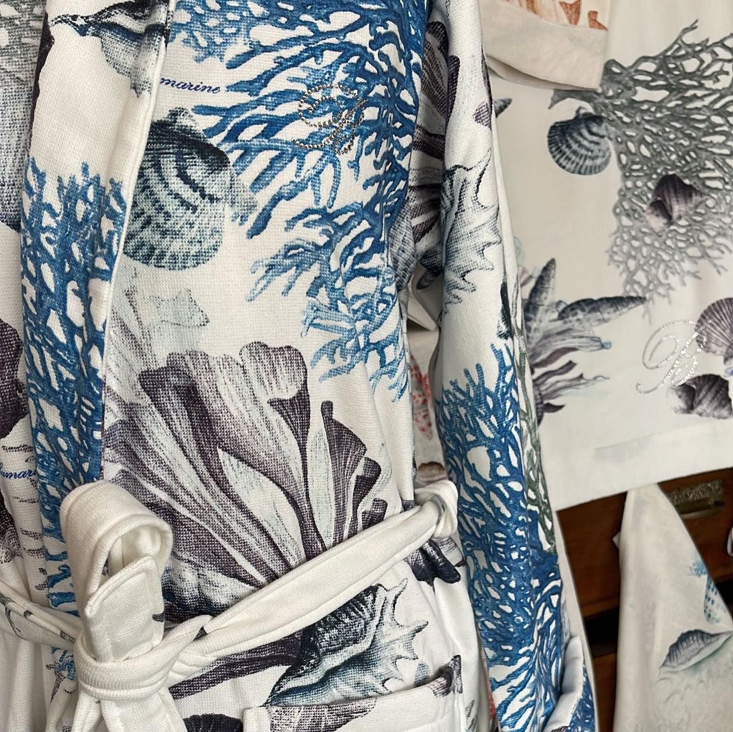 Una veste blu e bianca con conchiglie e coralli sopra