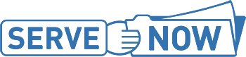 A blue and white logo that says serve now