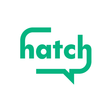 A green logo for hatch with a speech bubble.