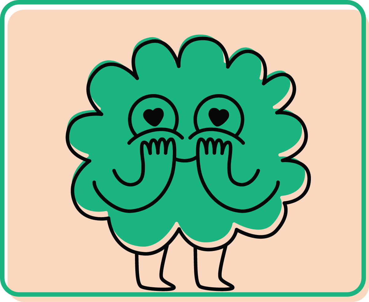 A cartoon drawing of a green cloud with hearts on its eyes